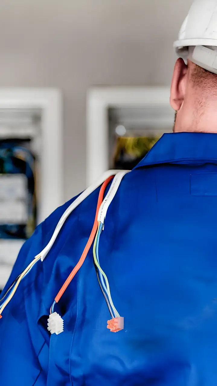 Meistras mėlyna darbo apranga prie elektros skydo